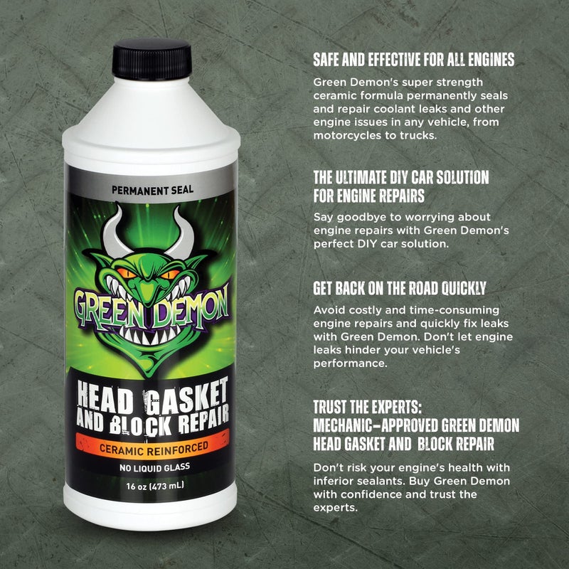 GREEN DEMON Head Gasket and Block Repair | Ceramic Reinforced Head Gasket Sealer | Advanced Coolant Leak DIY Permanent Repair | Engine/Cylinder Sealant | for Cars, SUVs, Trucks | 16oz - Image 2